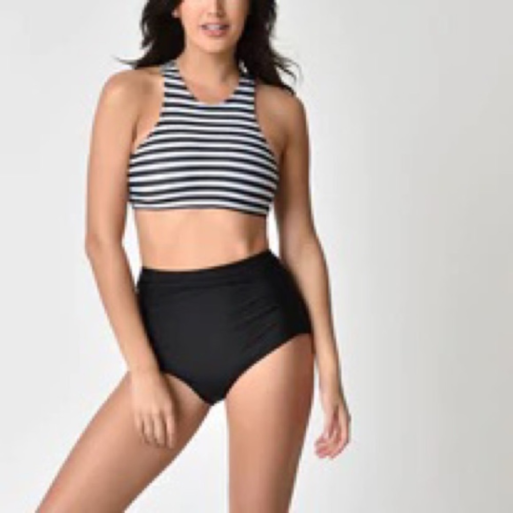NEW Black & White Stripe Tank & Black Bottom Two Piece Swimsuit